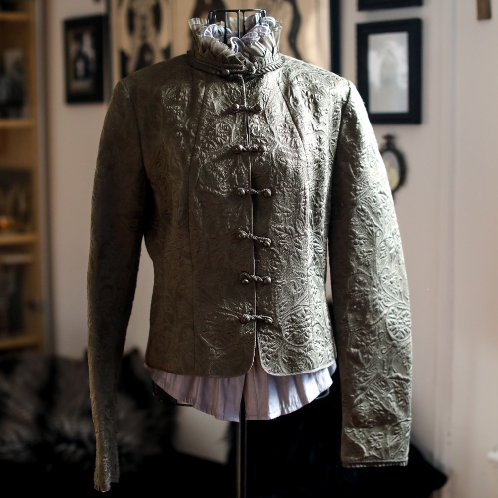 SILK Elie Tahari Victorian Chinese Style Olive Brocade Jacket M